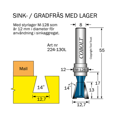 Cobolt Sinkfräs 14° D12,7 L13 S8 med styrlager