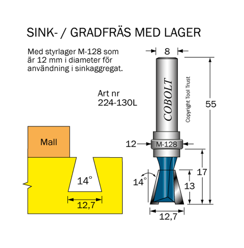 Cobolt Sinkfräs 14° D12,7 L13 S8 med styrlager