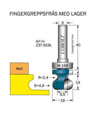 Cobolt Fingergreppsfräs D19 R4,8 R2,4 S8 med styrlager