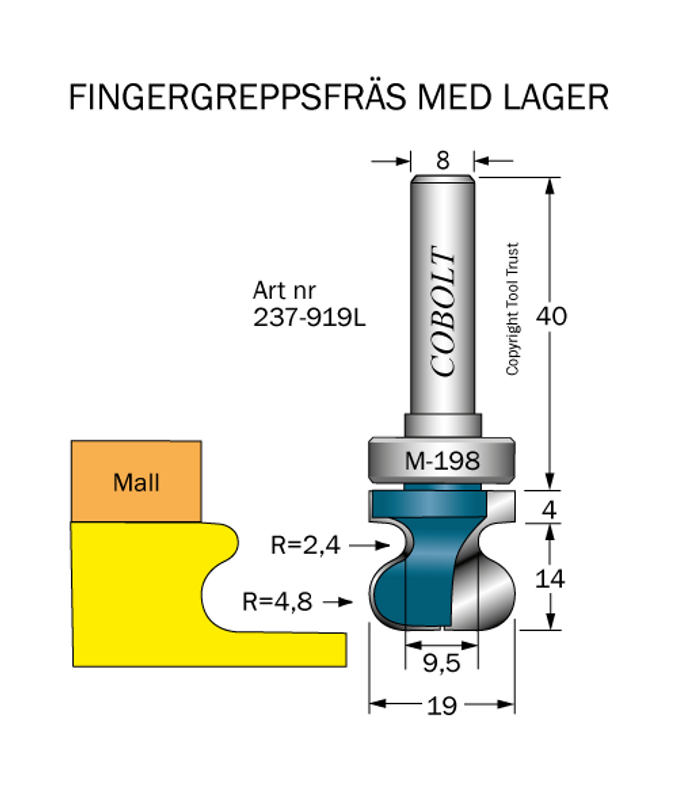 Cobolt Fingergreppsfräs D19 R4,8 R2,4 S8 med styrlager