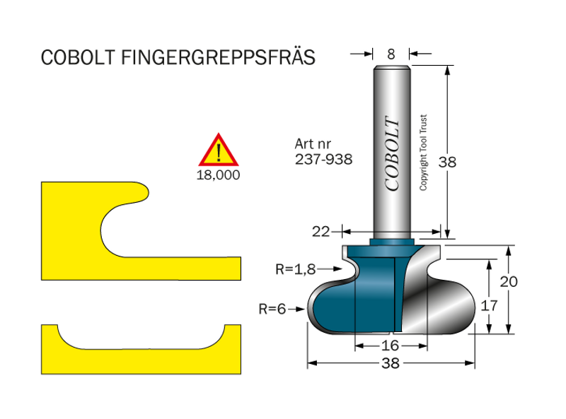 Cobolt Fingergreppsfräs R6/1,8 D38 L20 S8