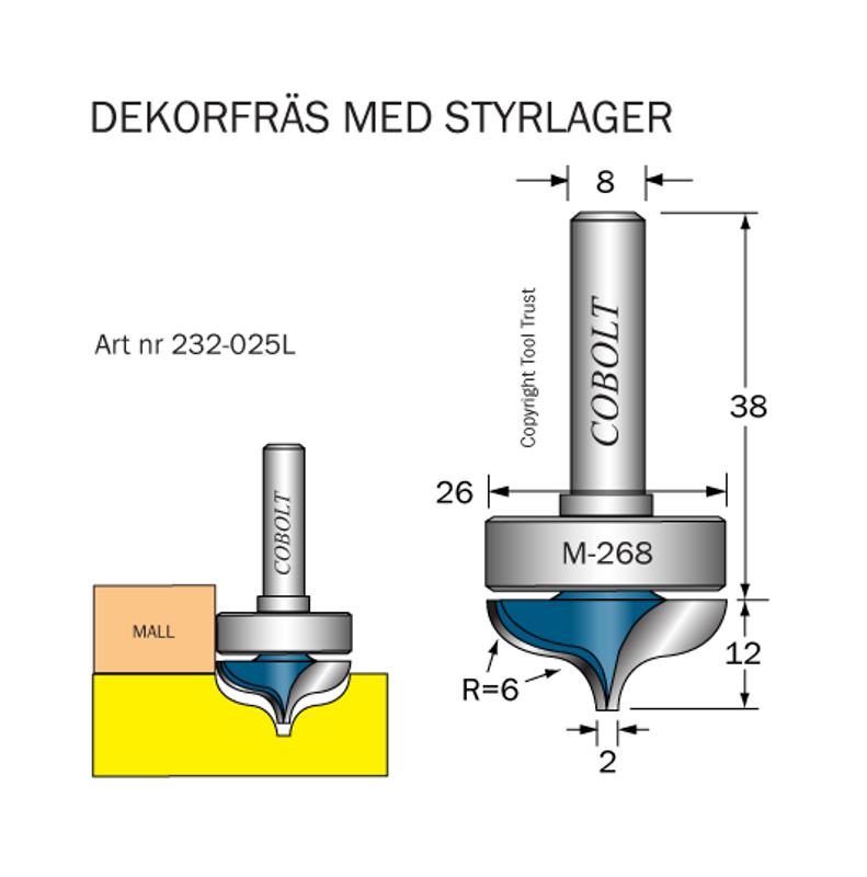 Cobolt Dekorfräs R6 D26 S8 med styrlager M-268