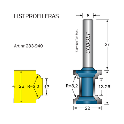 Cobolt Listprofilfräs D22 L26 R3,2 S8