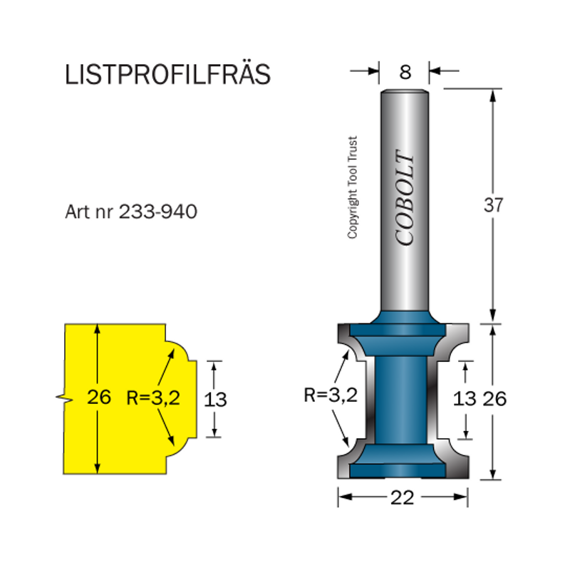 Cobolt Listprofilfräs D22 L26 R3,2 S8