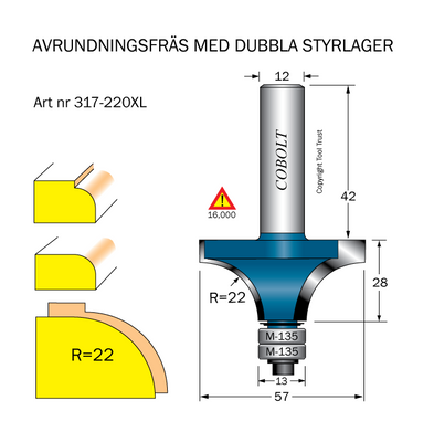 Cobolt Avrundningsfräs 2 lager R22 D57 S12