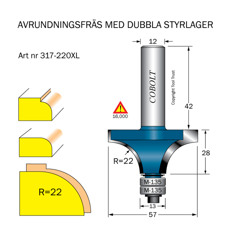 Cobolt Avrundningsfräs 2 lager R22 D57 S12
