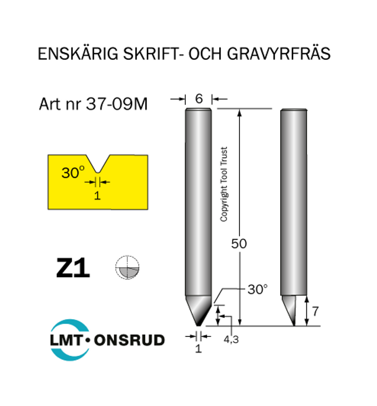 Cobolt Gravyrfräs 30° spets 1 mm S6 HM
