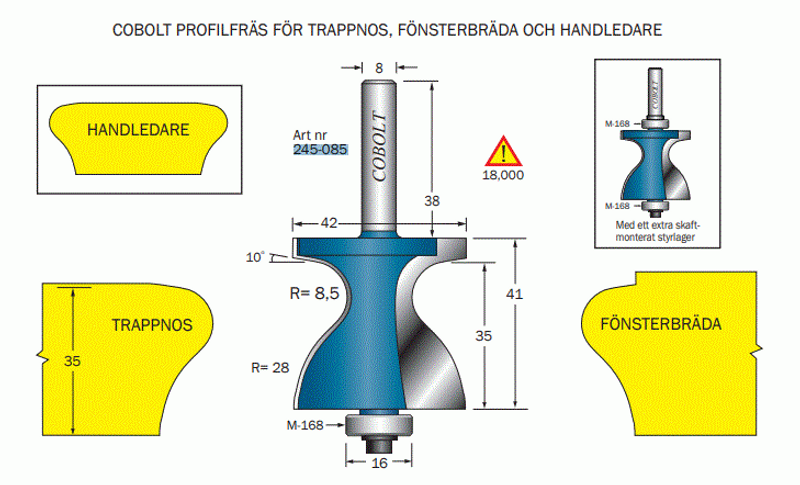 Cobolt Fräs Trappnos / Fönsterbräda D=42 R1=8,5 R2=28 S=8