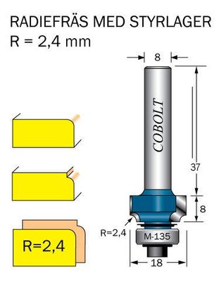 Cobolt Avrundningsfräs R=2.4  D=18 L=8