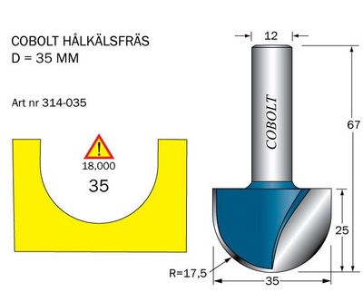Cobolt Hålkälsfräs D=35, L=25 R=17,5 S=12