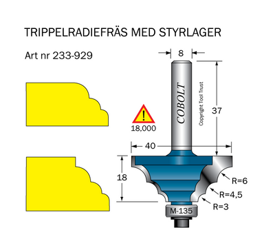 Cobolt Flerradiefräs R1=3 R2=4.5 R3=6 D=40 L=18 S=8,