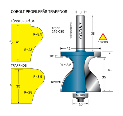 Cobolt Fräs Trappnos / Fönsterbräda D=42 R1=8,5 R2=28 S=8