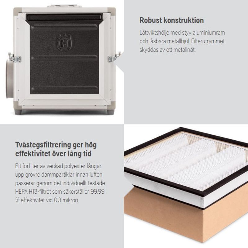 Husqvarna A1000 Luftrenare 1000m3/h, förfilter+H13