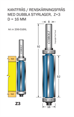 Cobolt Kantfräs med två styrlager Z=3 D=16 S=8
