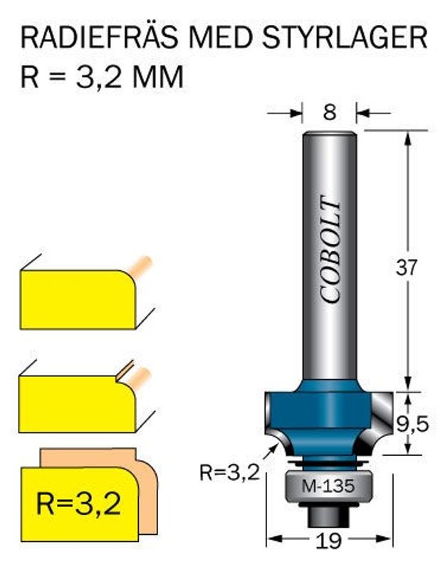 Cobolt Avrundningsfräs R=3.2  D=19 L=95