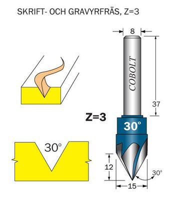 Cobolt Skriftfräs Skriftfräs 30° Z=3 m styrlager M-168 Massiv