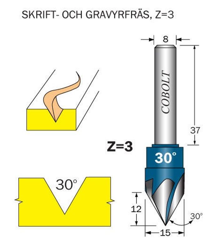 Cobolt Skriftfräs Skriftfräs 30° Z=3 m styrlager M-168 Massiv