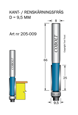 Cobolt Kantfräs D=9,5 L=25 TL=66