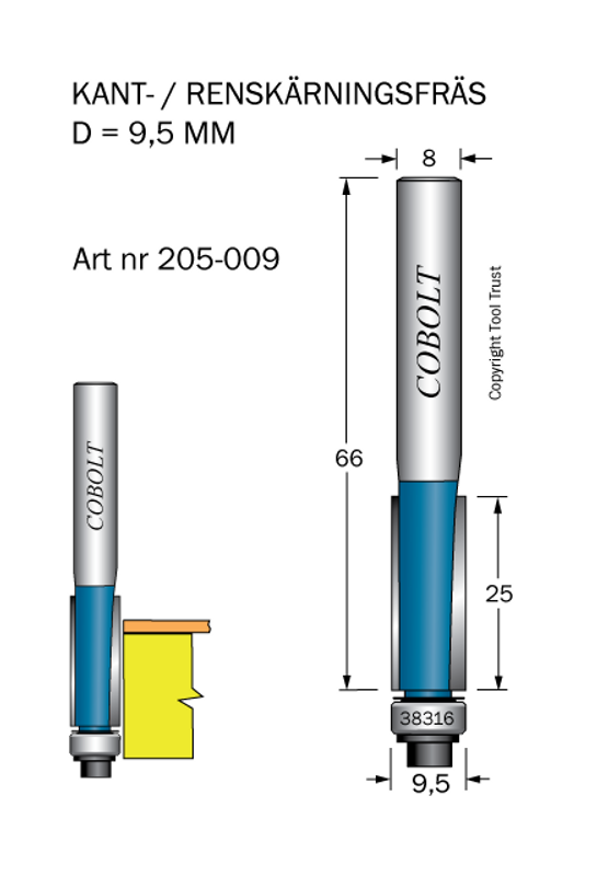 Cobolt Kantfräs D=9,5 L=25 TL=66