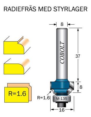 Cobolt Avrundningsfräs R=1.6  D=16 L=8