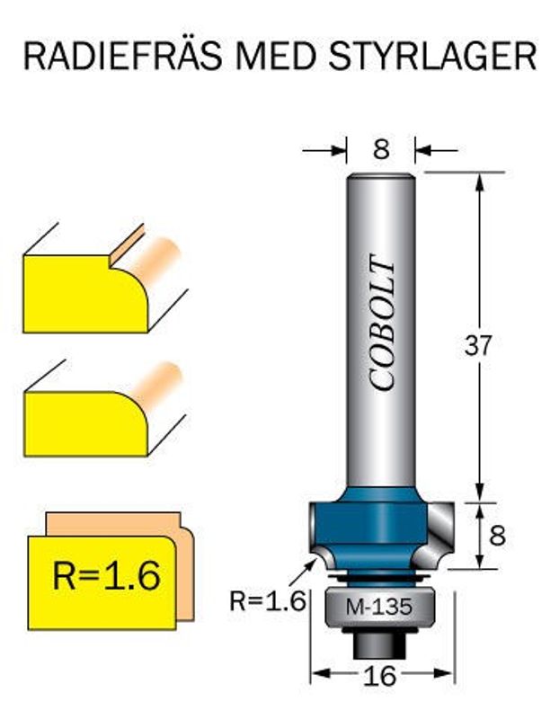 Cobolt Avrundningsfräs R=1.6  D=16 L=8