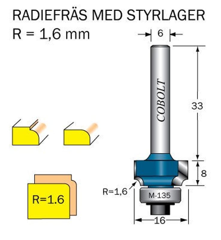 Cobolt Avrundningsfräs R=1.6 D=16,2