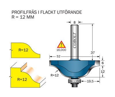 Cobolt Profilfräs dubbelradie R=12 L=18 F=19.5 D=52 S=8