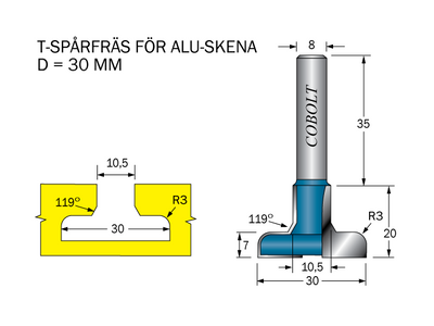 Cobolt T-Spårfräs D1=30 D2=10.5 R=3 L=20 S=8