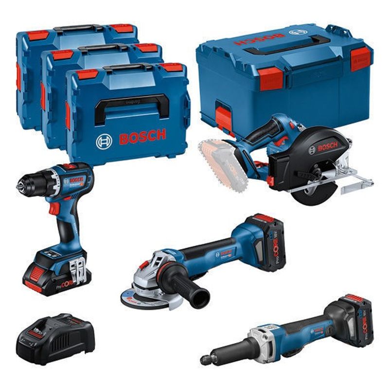 Bosch Verktygsset 18V GSR 18V-90C + GWS 18V-15 PSC + GKM 18V-50 + GGS 18V-23 PLC + 1 st. 4,0 Ah (PC) + 2 st. 5,5 Ah (PC) + GAL 1880CV