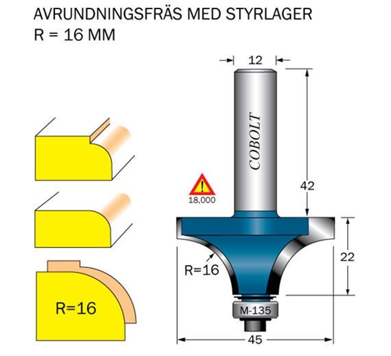 Cobolt Avrundningsfräs R=16 D=45 S=12