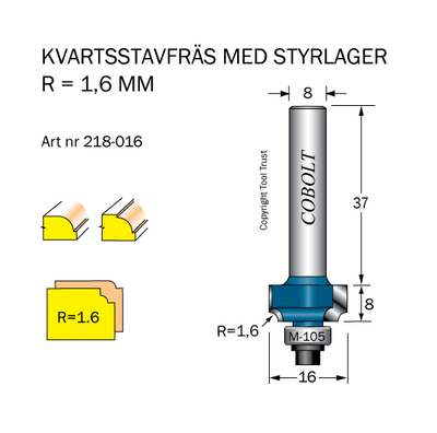 Cobolt Kvartsstavfräs R=1.6 D=16,2 S=8