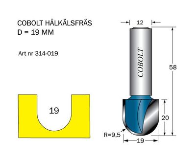 Cobolt Hålkälsfräs D=19 L=20 TL=58 R=9,5