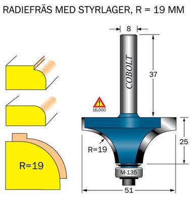 Cobolt Avrundningsfräs R=19 D=51 L=25