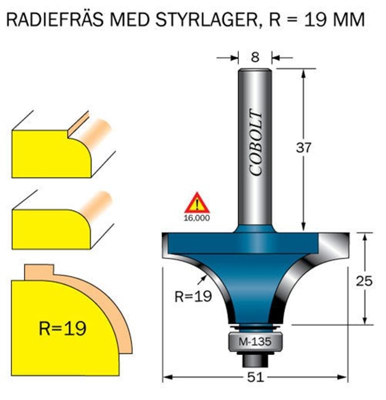 Cobolt Avrundningsfräs R=19 D=51 L=25