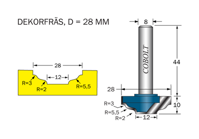 Cobolt Dekorfräs D=28 R1=3 R2=5.5 R3=2 L=10 S=8
