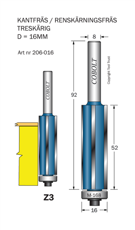Cobolt Kantfräs Z=3 D=16 L=52