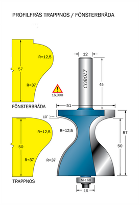 Cobolt Fräs Trappnos / Fönsterbräda D=51 R=12,5 R=37 TL=57 S=12