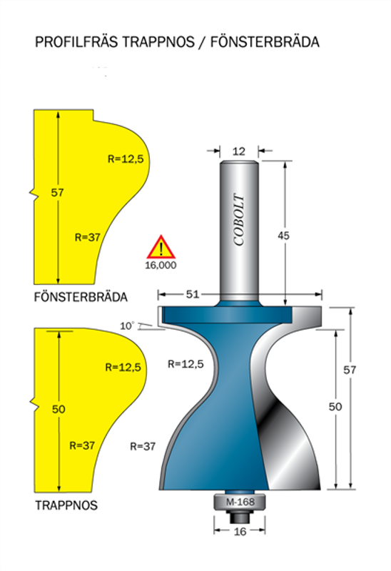 Cobolt Fräs Trappnos / Fönsterbräda D=51 R=12,5 R=37 TL=57 S=12