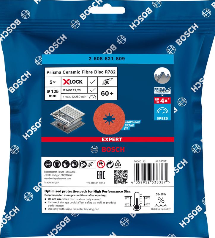 Bosch Expert R781 Prisma Ceramic X-LOCK fiberslipskiva, 125mm 22,23 mm 5st för stål, Plåt i rostfritt stål
