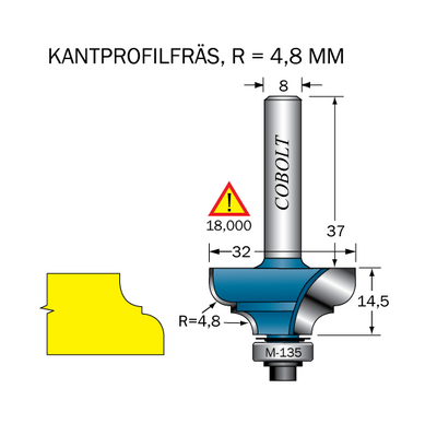 Cobolt Kantprofilfräs R=4.8 L=14.5 F=9.5 D=32 S=8