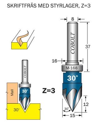 Cobolt Skriftfräs 30° Z=3 m styrlager M-168