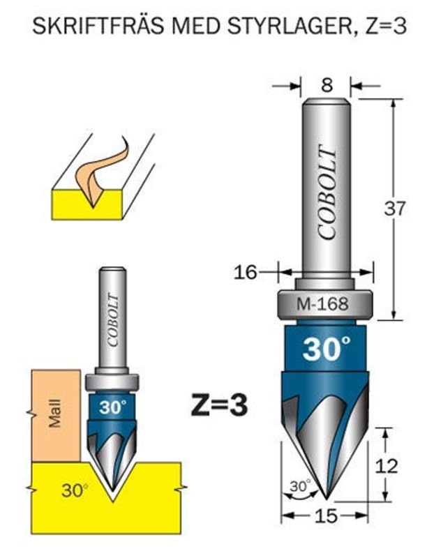 Cobolt Skriftfräs 30° Z=3 m styrlager M-168