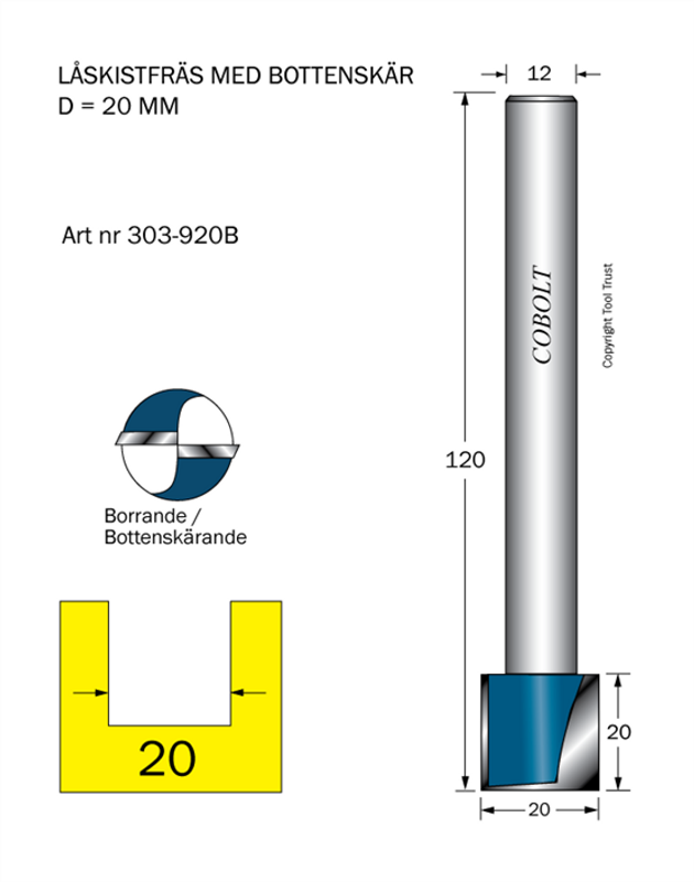 Cobolt Låskistfräs D=20 L=20 TL=120 S=12