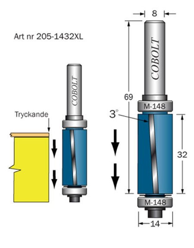 Cobolt Kantfräs D=14, L=32, NEGATIV S=8