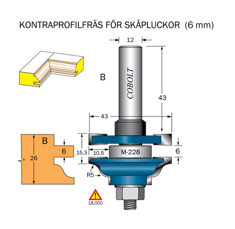 Cobolt Kontraprofilfräs B skåplucka D=43 D=43 Not=6 S=12