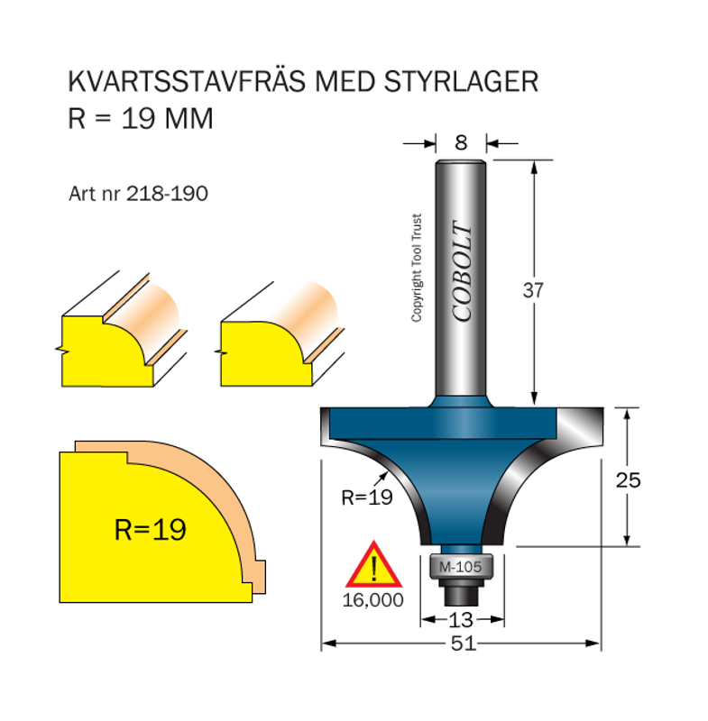 Cobolt Kvartsstavfräs R=19 D=51 S=8