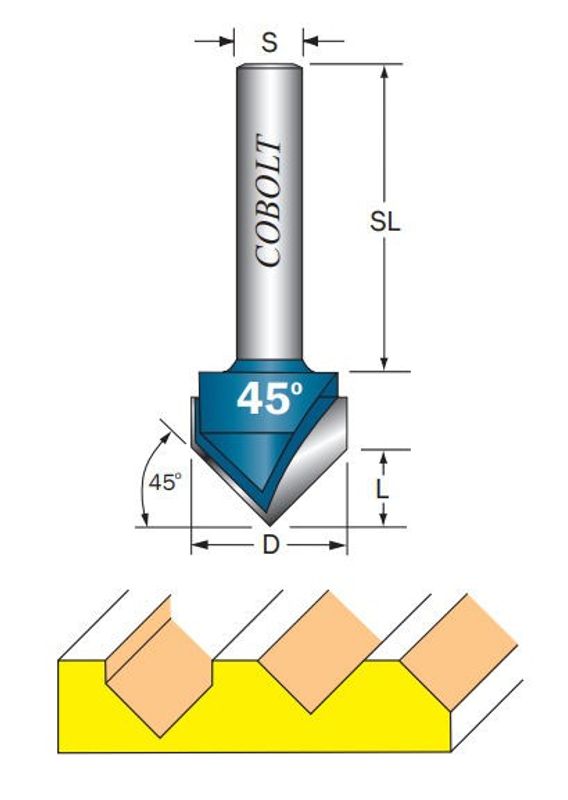 Cobolt V-spårfräs 45grad D=19 L=95