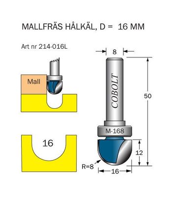 Cobolt Mallfräs hålkäl D=16 L=12