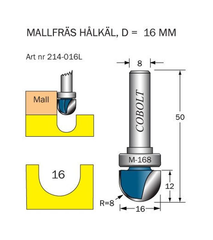 Cobolt Mallfräs hålkäl D=16 L=12