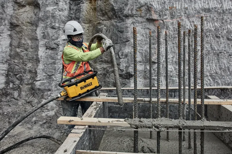 DeWalt POWERSHIFT Powerpack betongvibrator vid gjutning på byggarbetsplats